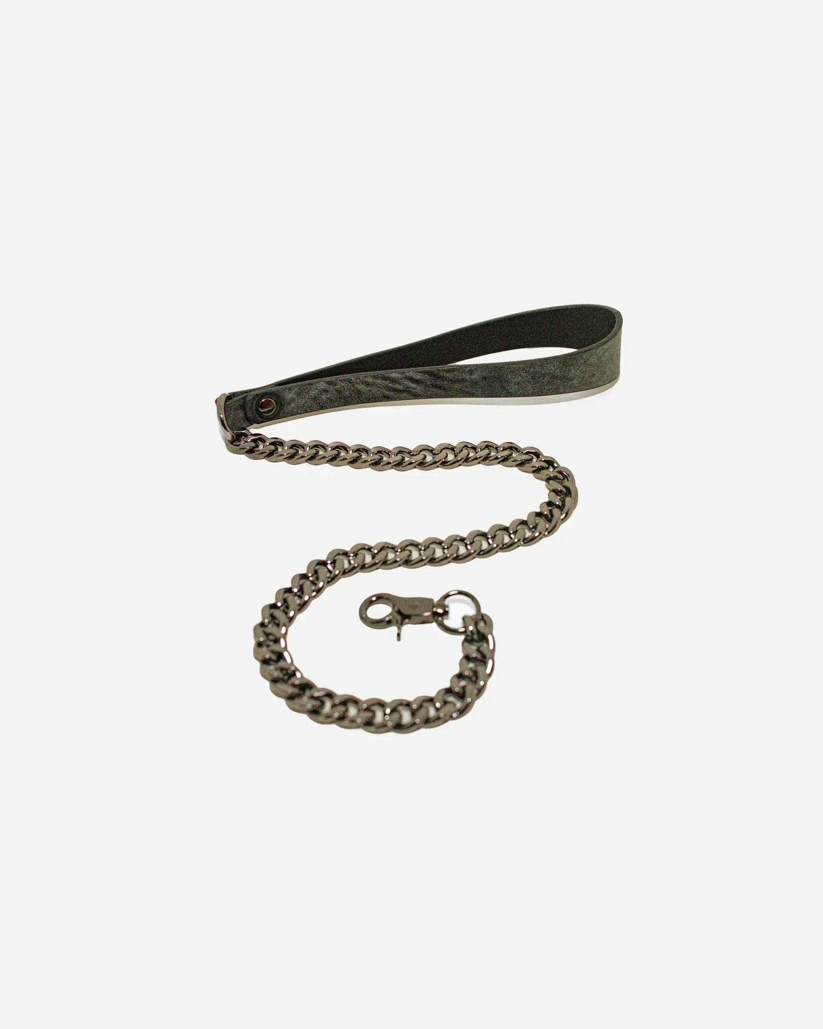 Black leather day collar with silver chain leash and clasp on white background
