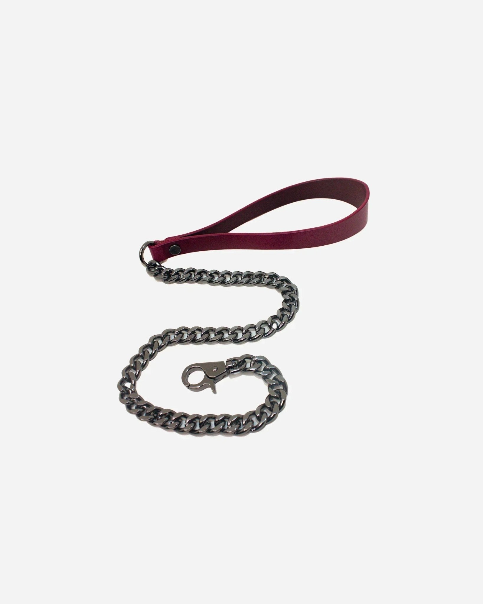Bordeaux leather leash with metal chain and clip, complementing leather collars and cuffs collection