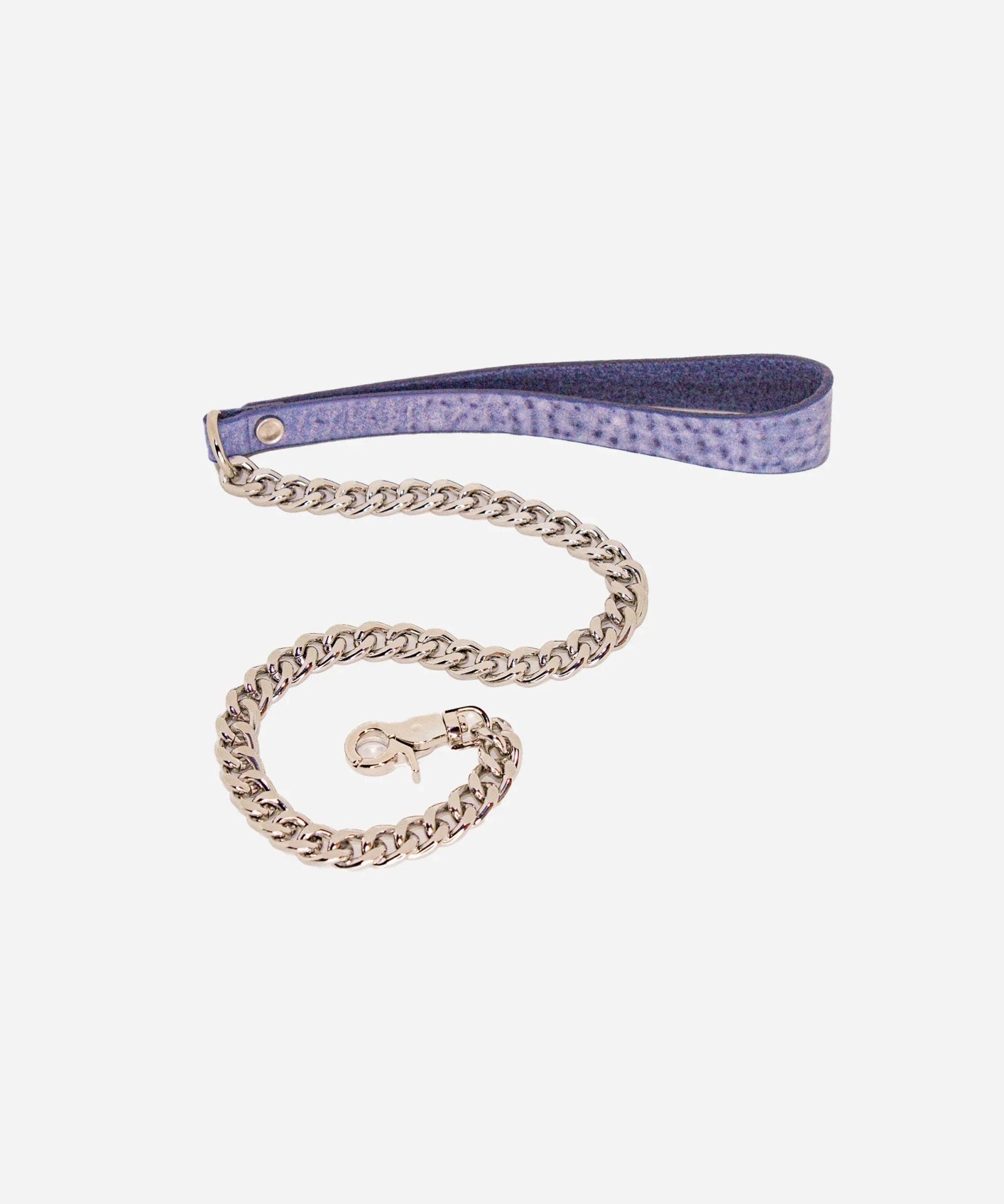 Purple leather day collar leash with silver chain and metal clasp on white background