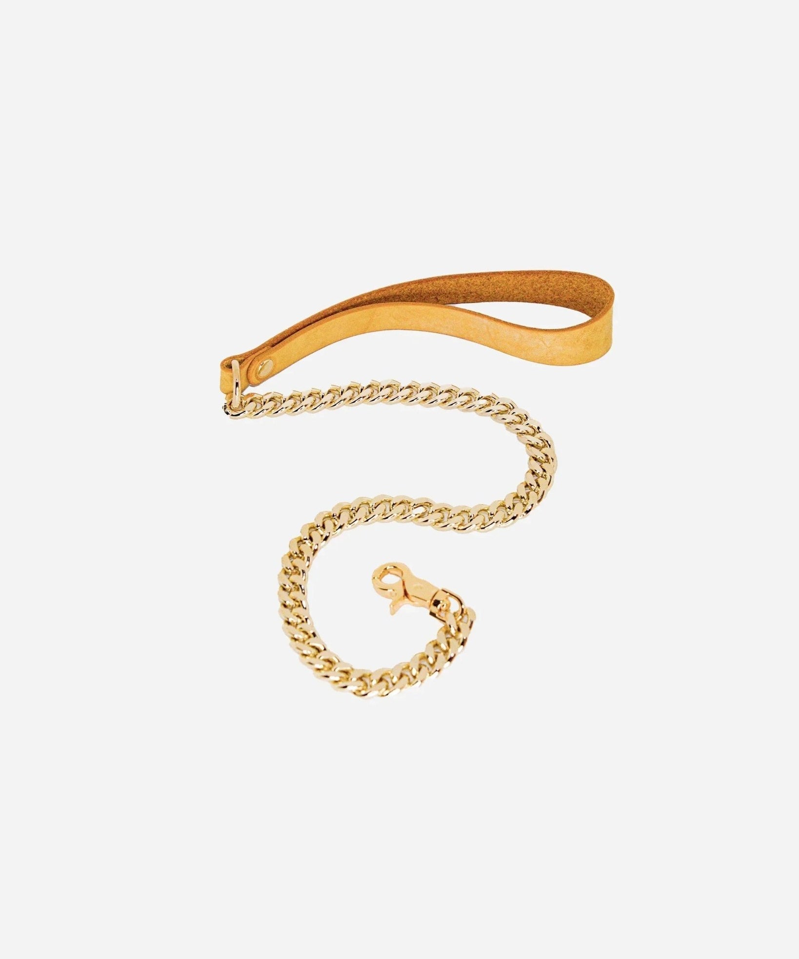 Gold chain leash with tan leather wrist cuff against a white background, highlighting leather wrist cuffs