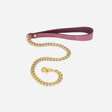 Pink leather day collar leash with gold chain and clasp by Neon Coyotes