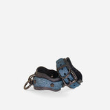Blue and gray full-grain Italian leather wrist cuffs with black metal buckles and rings