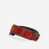 Custom leather day collar featuring red and gray full-grain leather with metal buckle and rivets