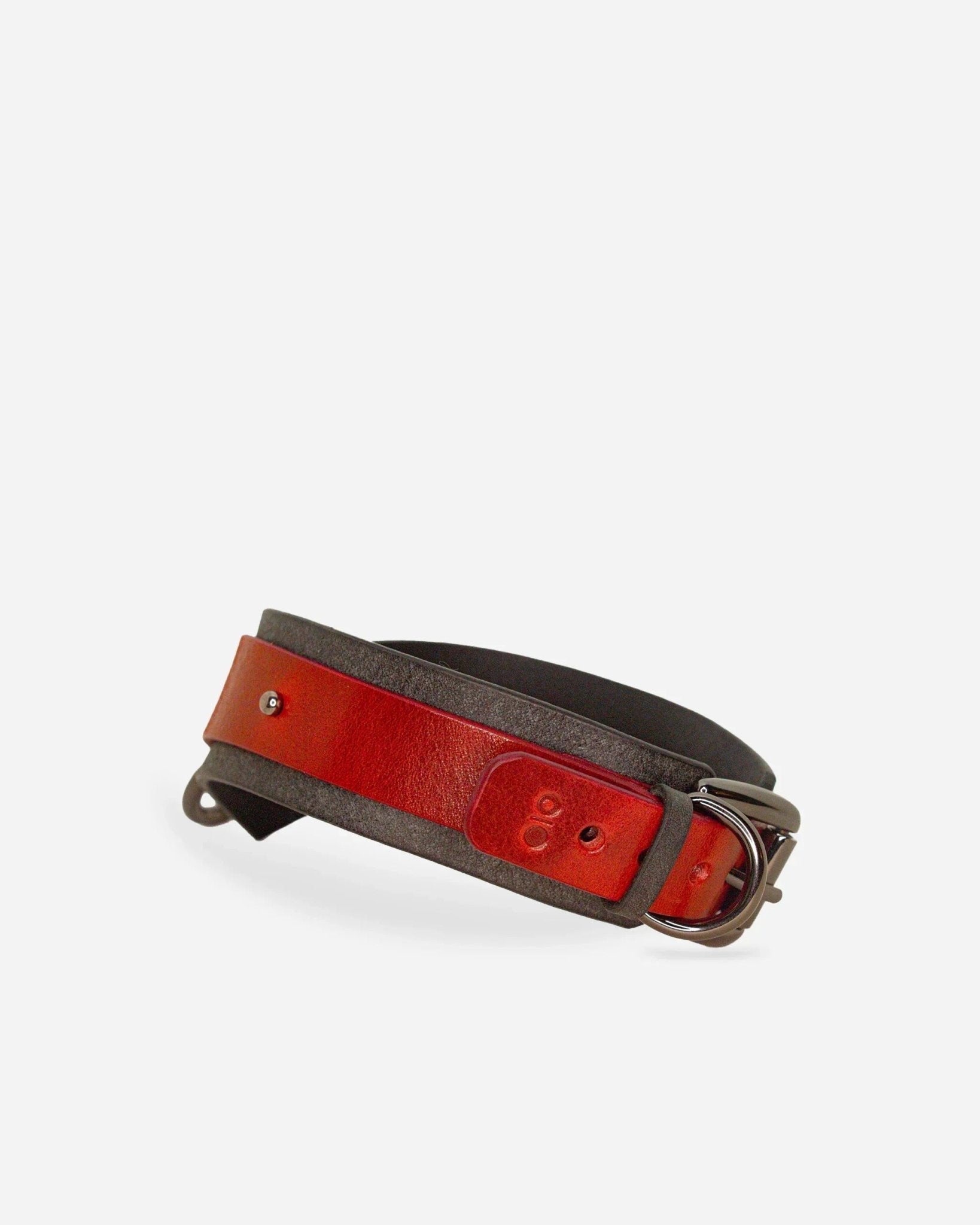 Custom leather day collar featuring red and gray full-grain leather with metal buckle and rivets