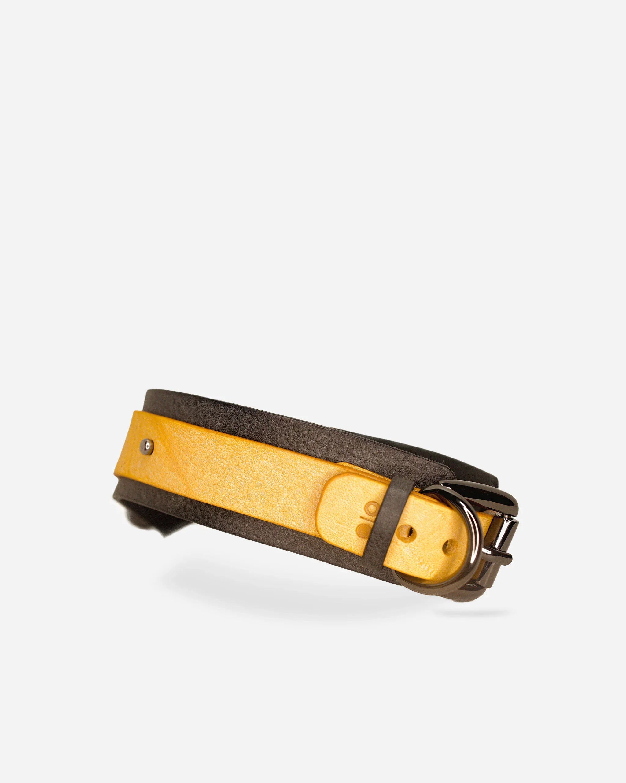 Custom leather day collar in yellow and black with metal buckle and rivet detail