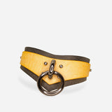Custom leather day collar with yellow and dark gray layers featuring a black metal ring and stud details