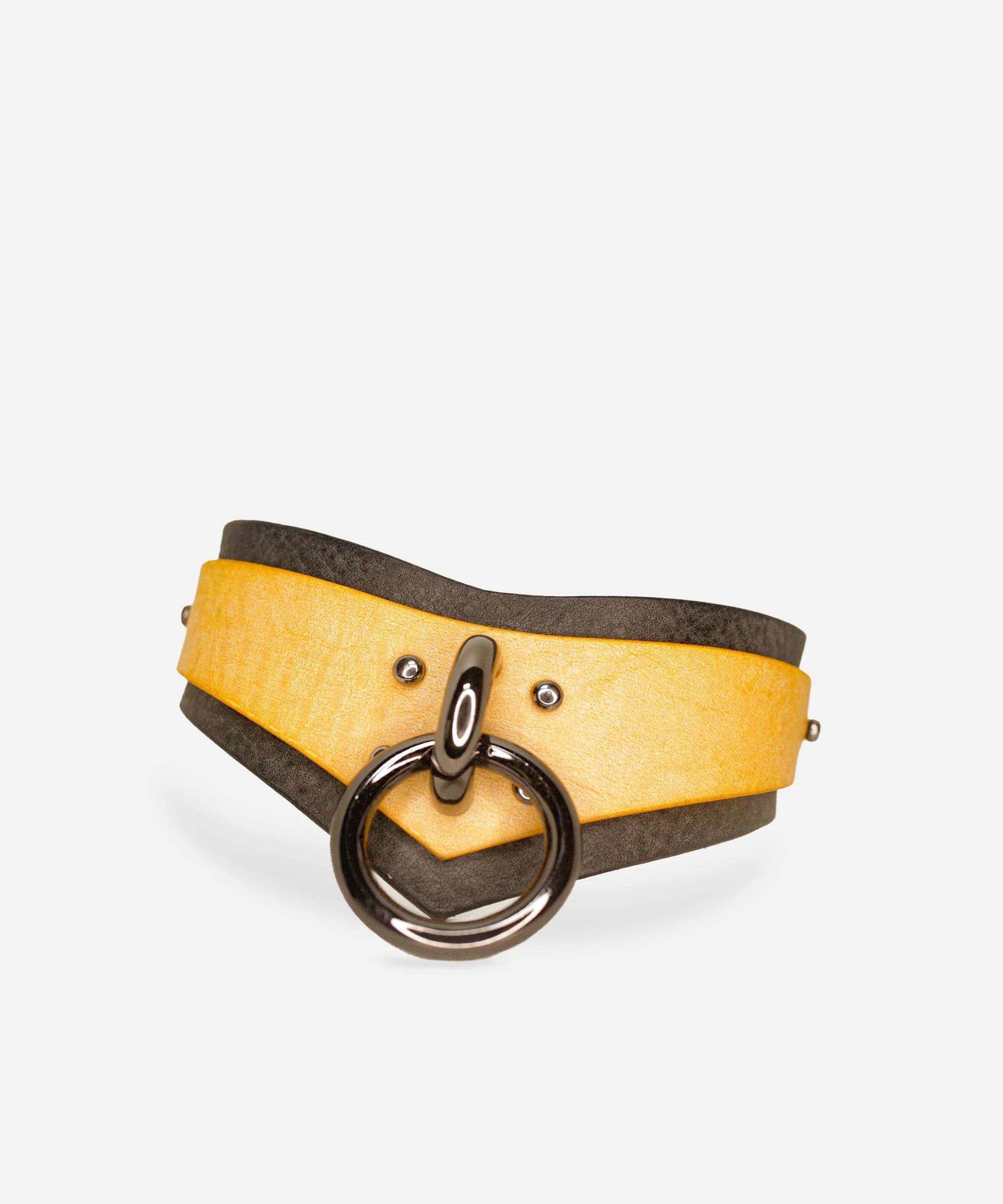 Custom leather day collar with yellow and dark gray layers featuring a black metal ring and stud details