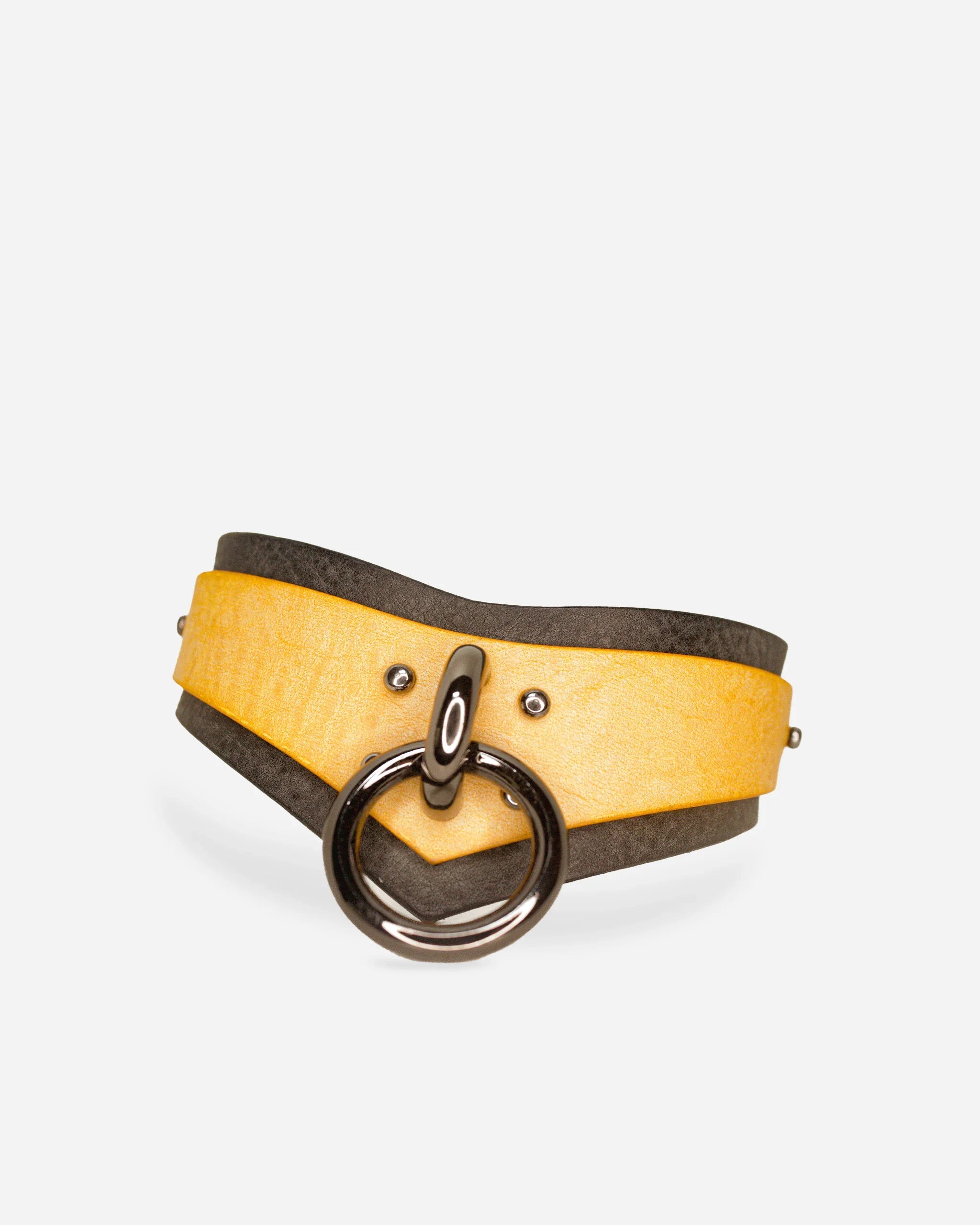 Custom leather day collar with yellow and dark gray layers featuring a black metal ring and stud details