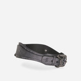 Black full-grain Italian leather day collar with metal buckle and rivets on white background