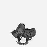 Pair of gray leather cuffs connected by black metal chain, featuring full-grain Italian leather construction