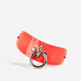 custom red bdsm collar with dark charcoal hardware