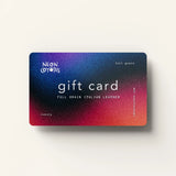 Neon Coyotes gift card with colorful blue, purple, and red gradient background promoting leather collars and cuffs