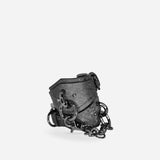 Black leather wrist cuffs with heavy metal rings and chain, custom leather cuffs design