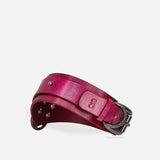 Pink full-grain Italian leather day collar with metal buckle and rivets, leather cuffs and collars