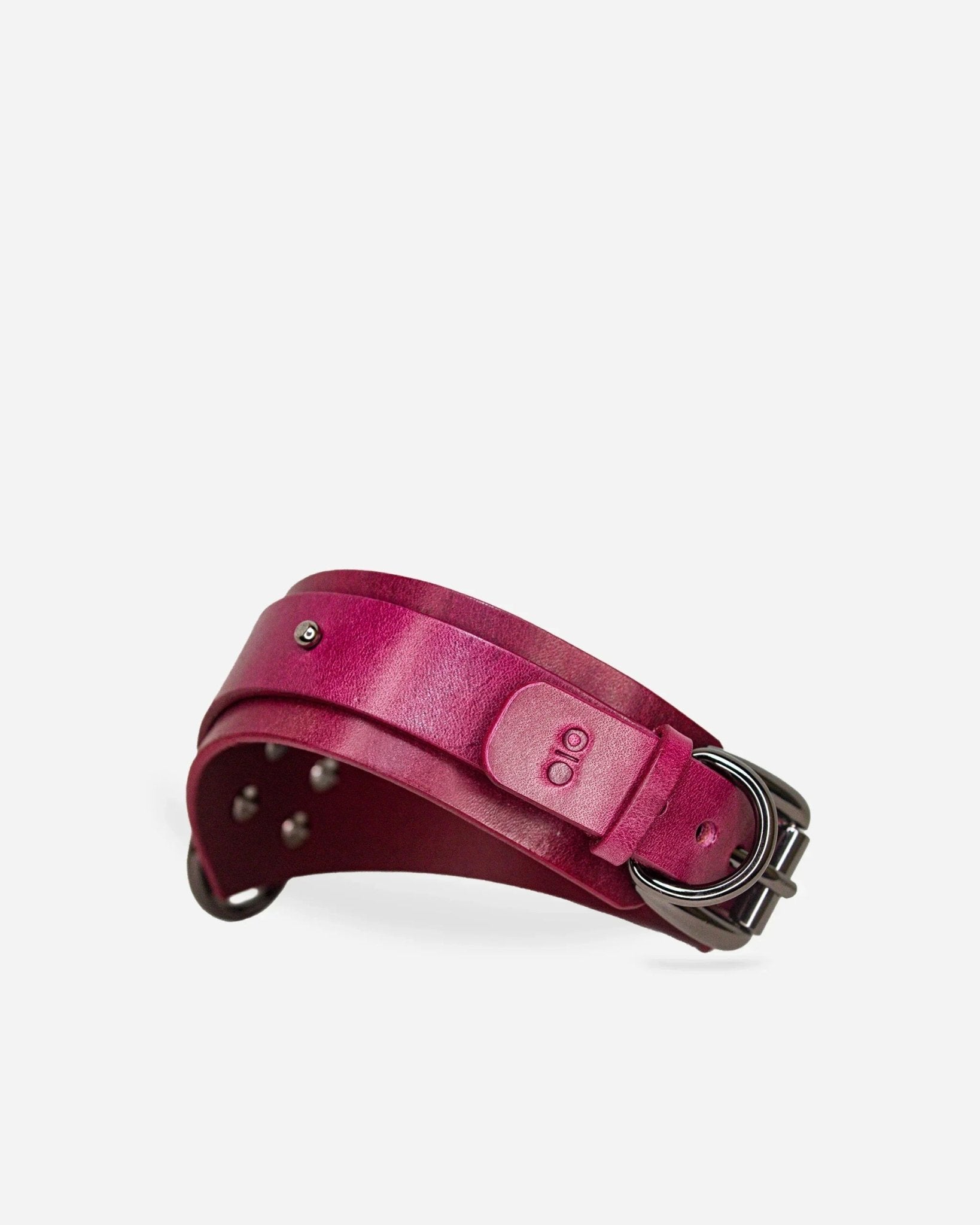 Pink full-grain Italian leather day collar with metal buckle and rivets, leather cuffs and collars