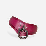 Deep red leather day collar with silver ring and studs, handmade leather collars and wrist cuffs