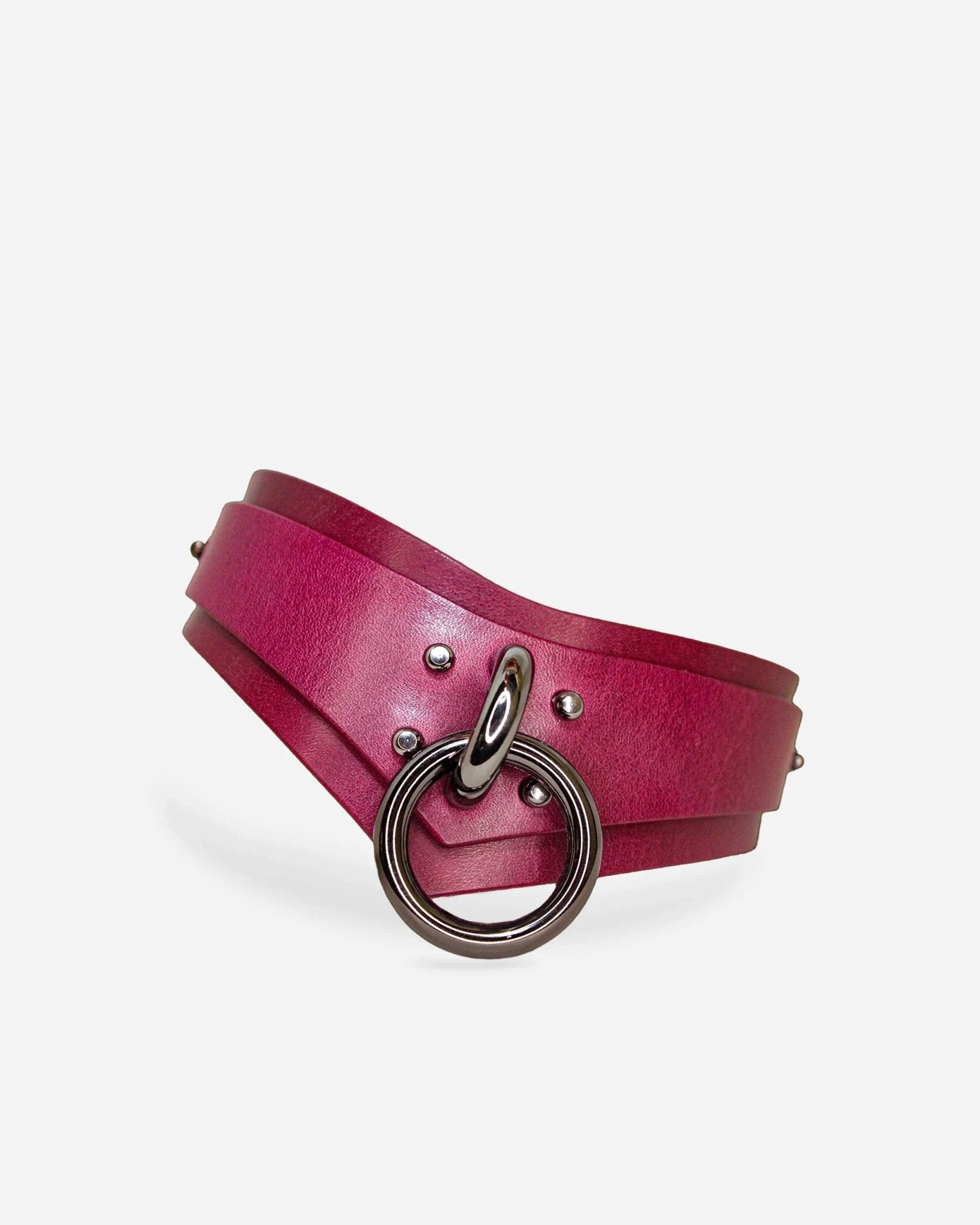 Deep red leather day collar with silver ring and studs, handmade leather collars and wrist cuffs