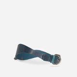 Dark teal leather day collar with silver buckle, soft texture, and minimalist design on white background