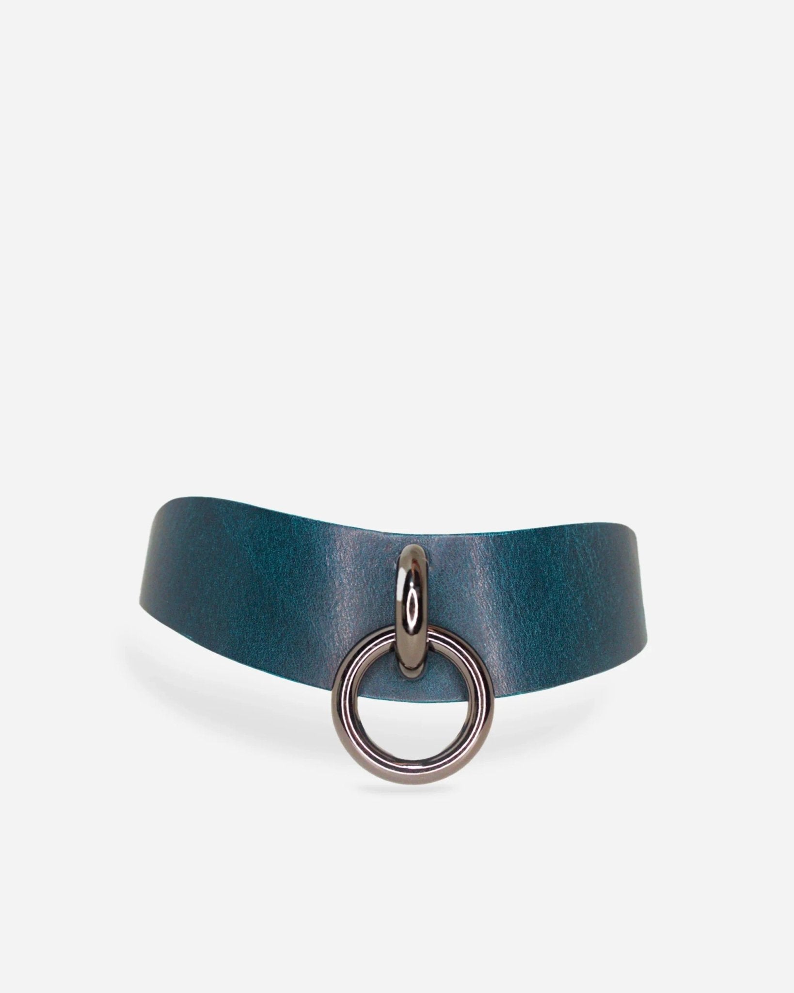 Teal leather day collar with a central metal ring, minimalist design on white background