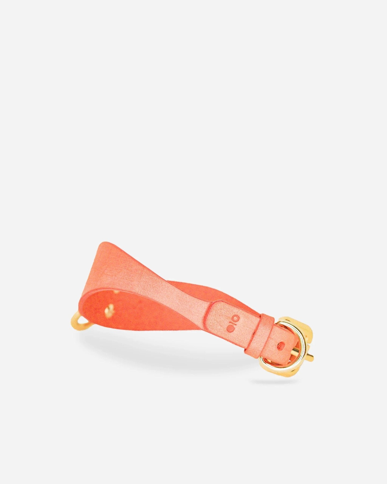 Orange leather day collar with gold buckle and loop on white background, leather wrist cuffs style
