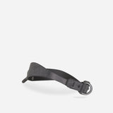 Black full-grain Italian leather day collar with metal buckle and rings on white background