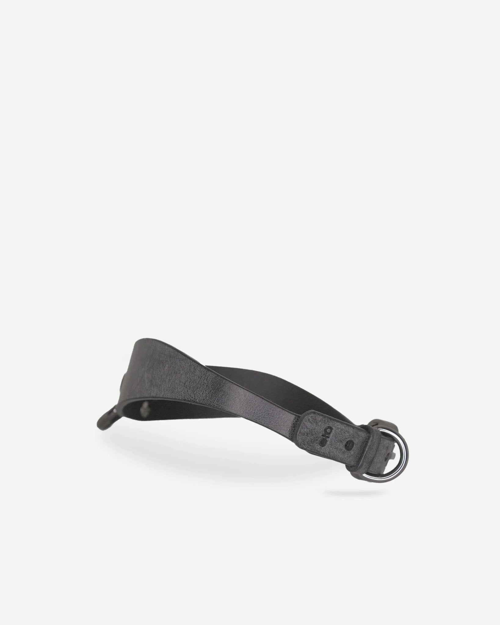 Black full-grain Italian leather day collar with metal buckle and rings on white background