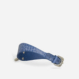 Blue leather day collar with textured finish and silver buckle on white background