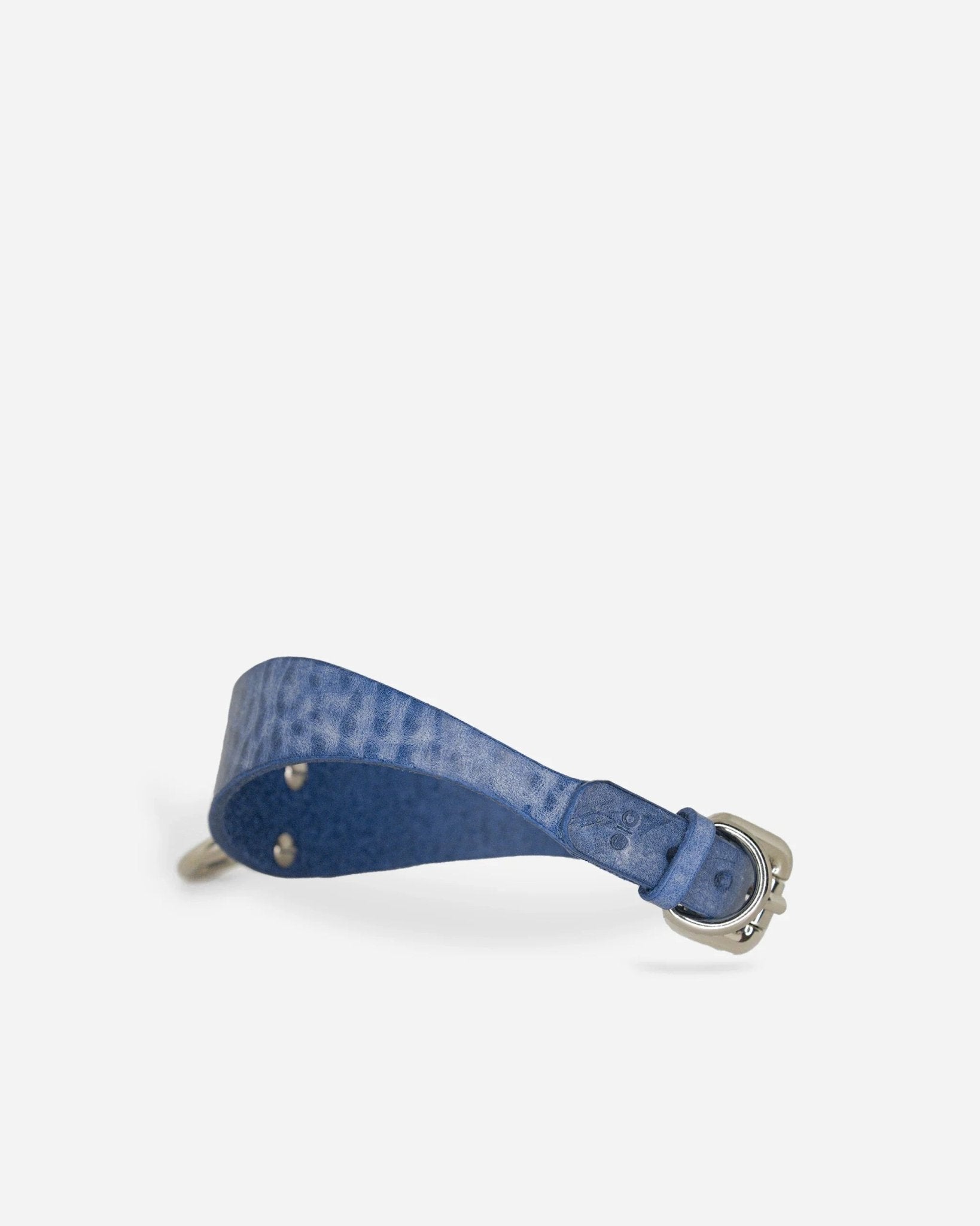 Blue leather day collar with textured finish and silver buckle on white background