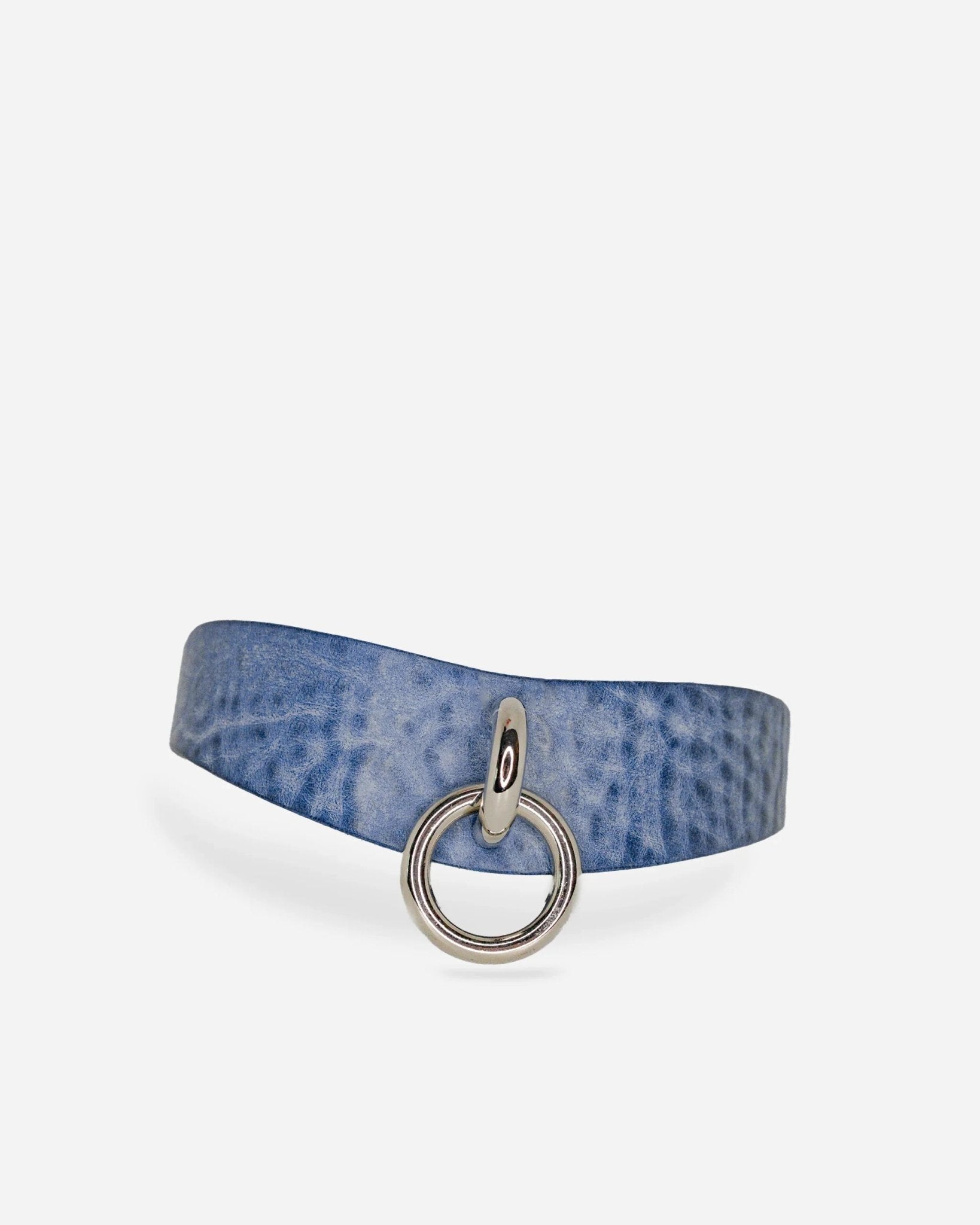 Blue textured leather day collar with silver metal ring on white background, leather collars