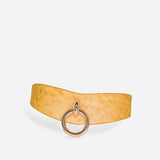 Golden hour leather day collar with silver ring detail on white background
