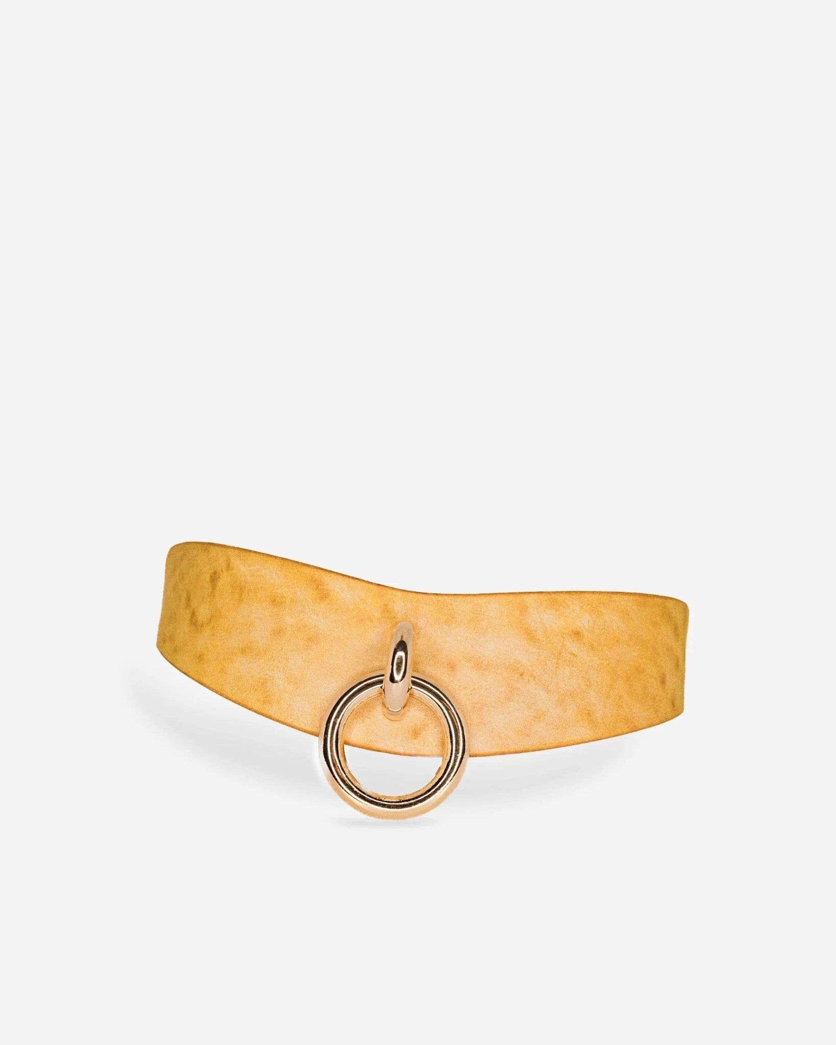 Golden hour leather day collar with silver ring detail on white background