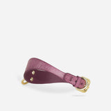Purple full-grain Italian leather day collar with gold buckle and metal rivets on white background