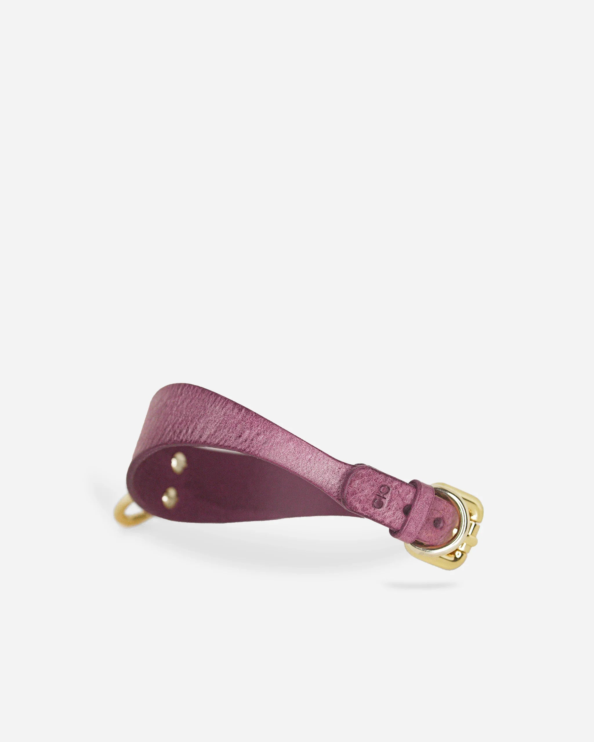 Purple full-grain Italian leather day collar with gold buckle and metal rivets on white background