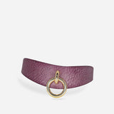 Purple leather day collar with textured finish and gold O-ring detail, handmade leather collar