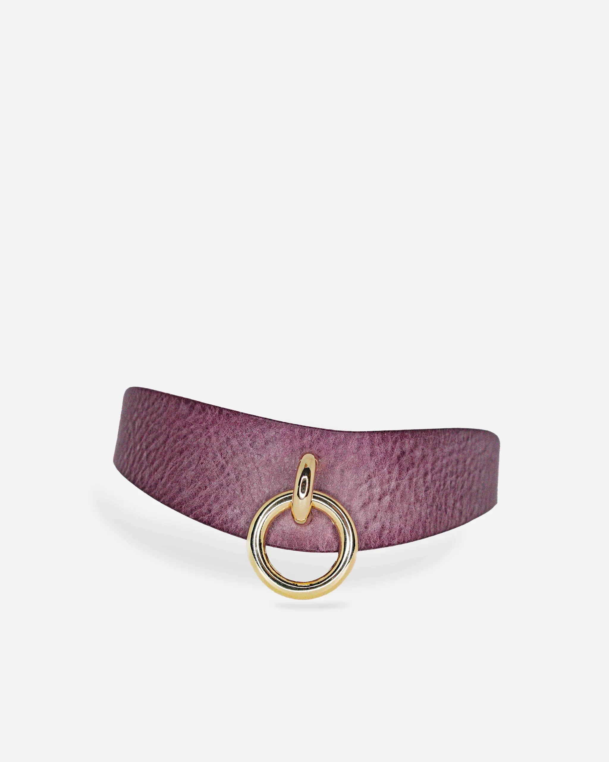 Purple leather day collar with textured finish and gold O-ring detail, handmade leather collar