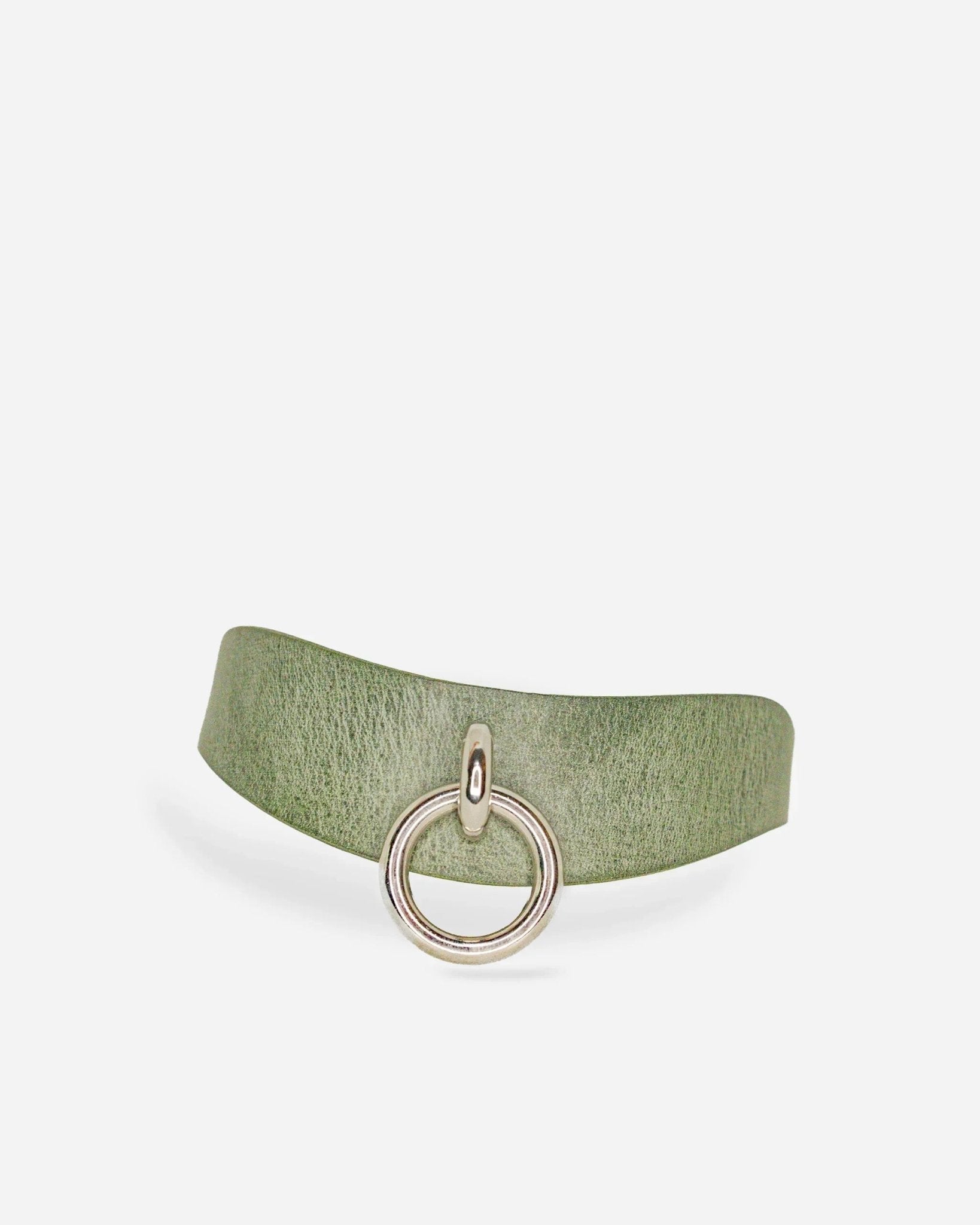 Green leather day collar with silver O-ring detail on white background, custom leather collars