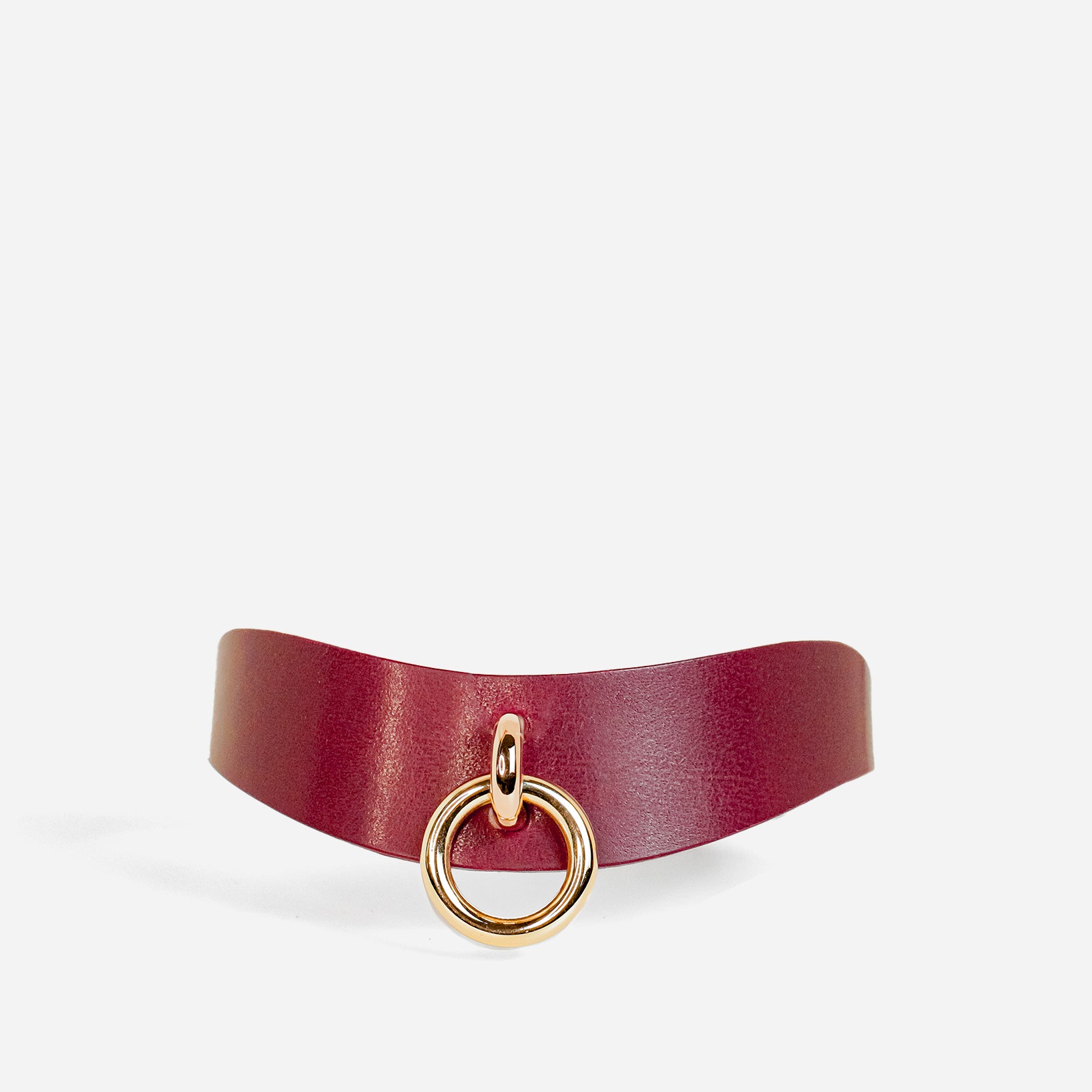 custom burgundy leather day collar with gold hardware on a white background