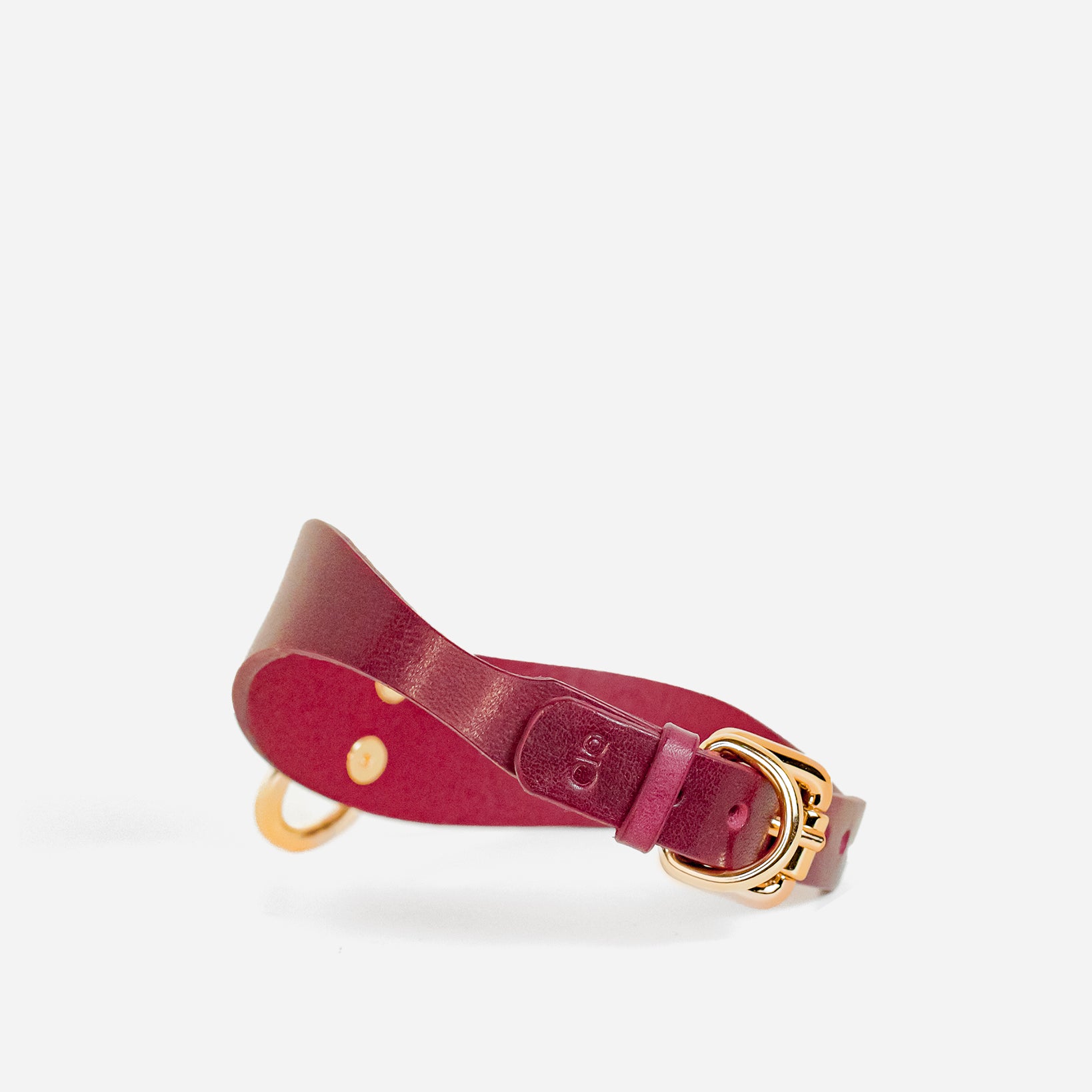 Red leather bdsm collar with gold hardware on a white background