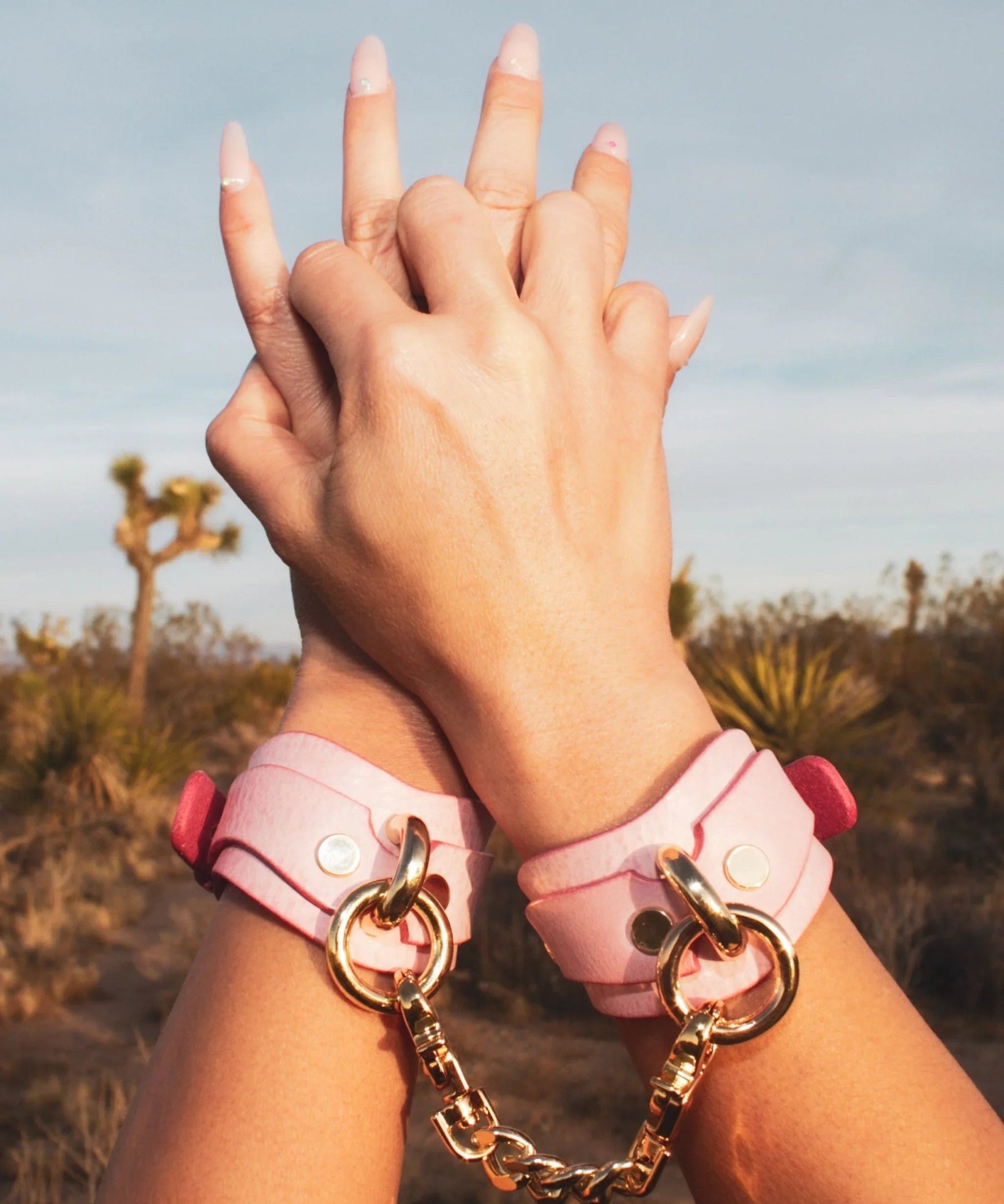 Hands clasped with pink leather wrist cuffs connected by gold chain in outdoor desert setting