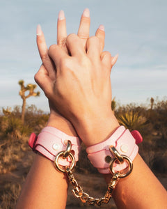 Hands clasped with pink leather wrist cuffs connected by gold chain in outdoor desert setting